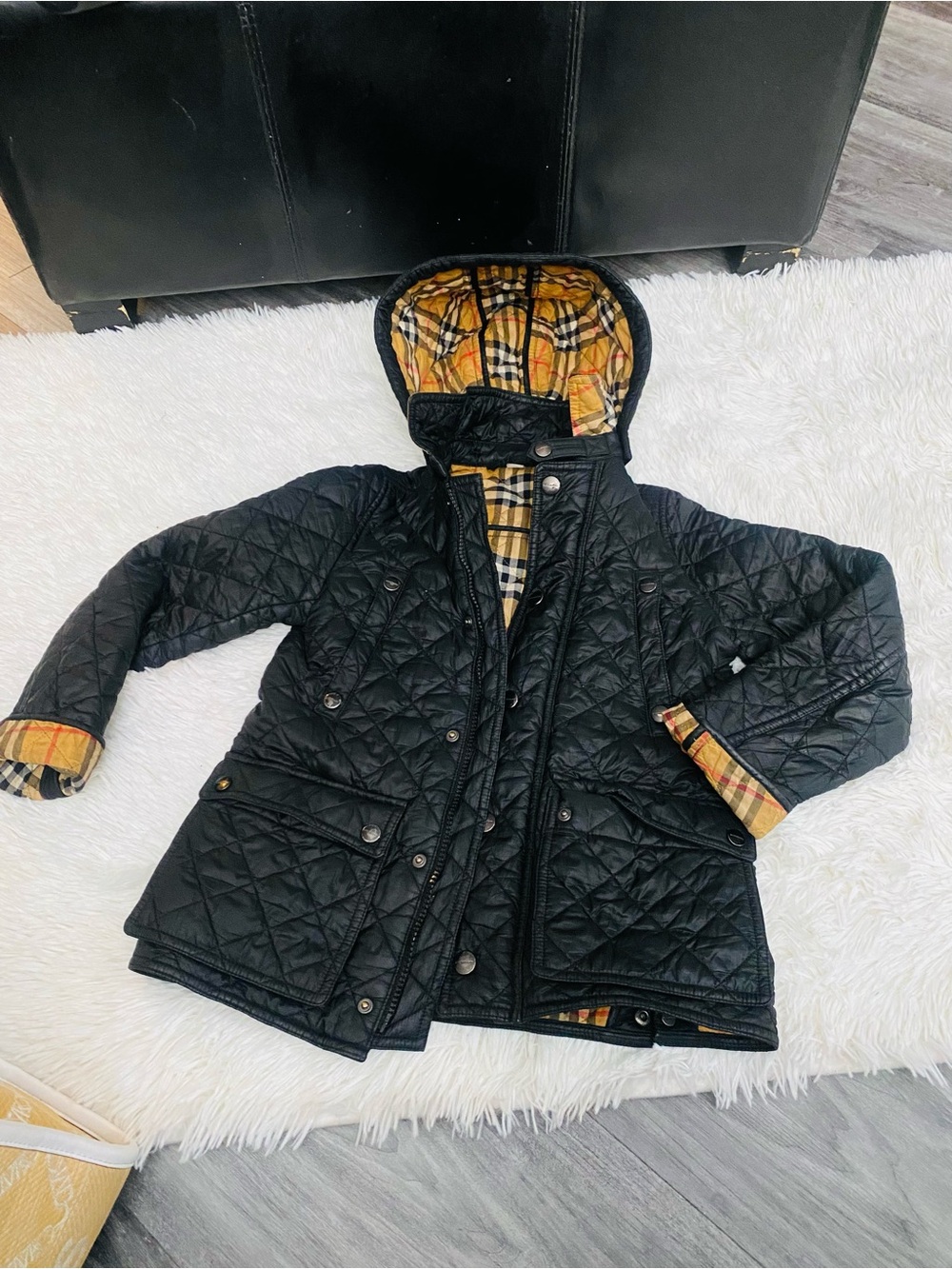 Burberry Black Quilted Hooded Coat with Plaid Lining